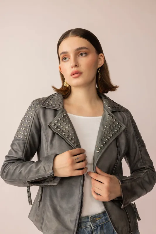 Shadow Storm Leather Jacket in Moon Grey sold by Myra Bag