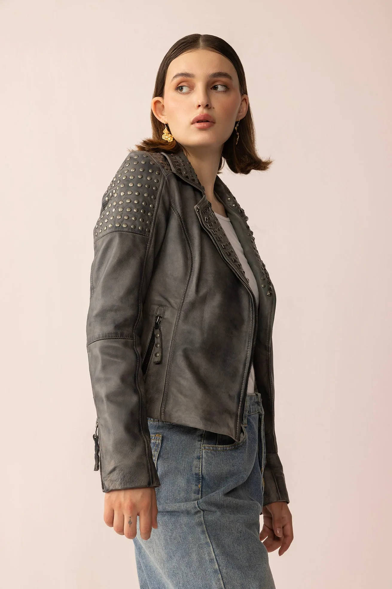 Shadow Storm Leather Jacket in Moon Grey sold by Myra Bag product image thumbnail 2