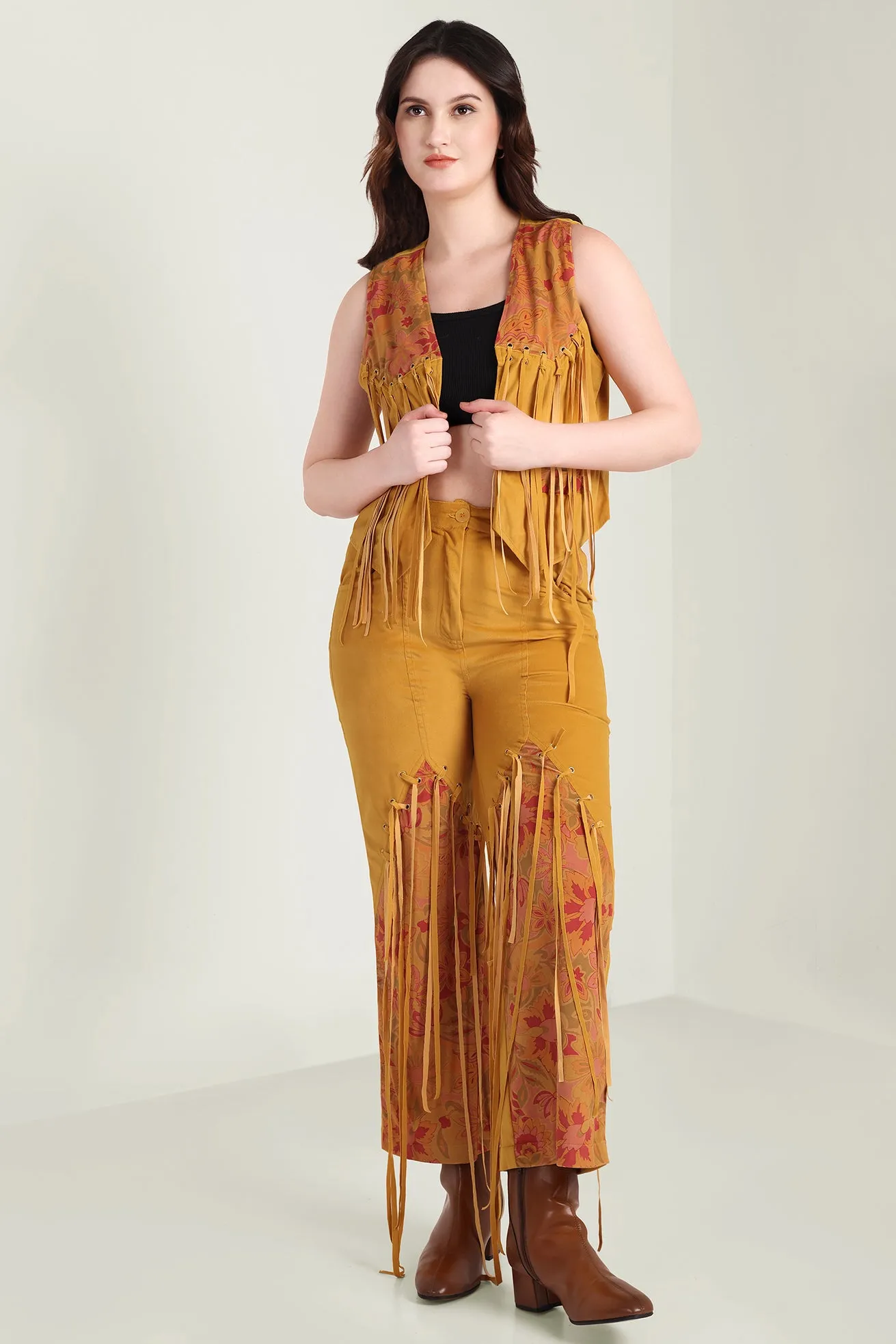 The Jolene Fringe Two Piece Set in Saddle Gold sold by Myra Bag