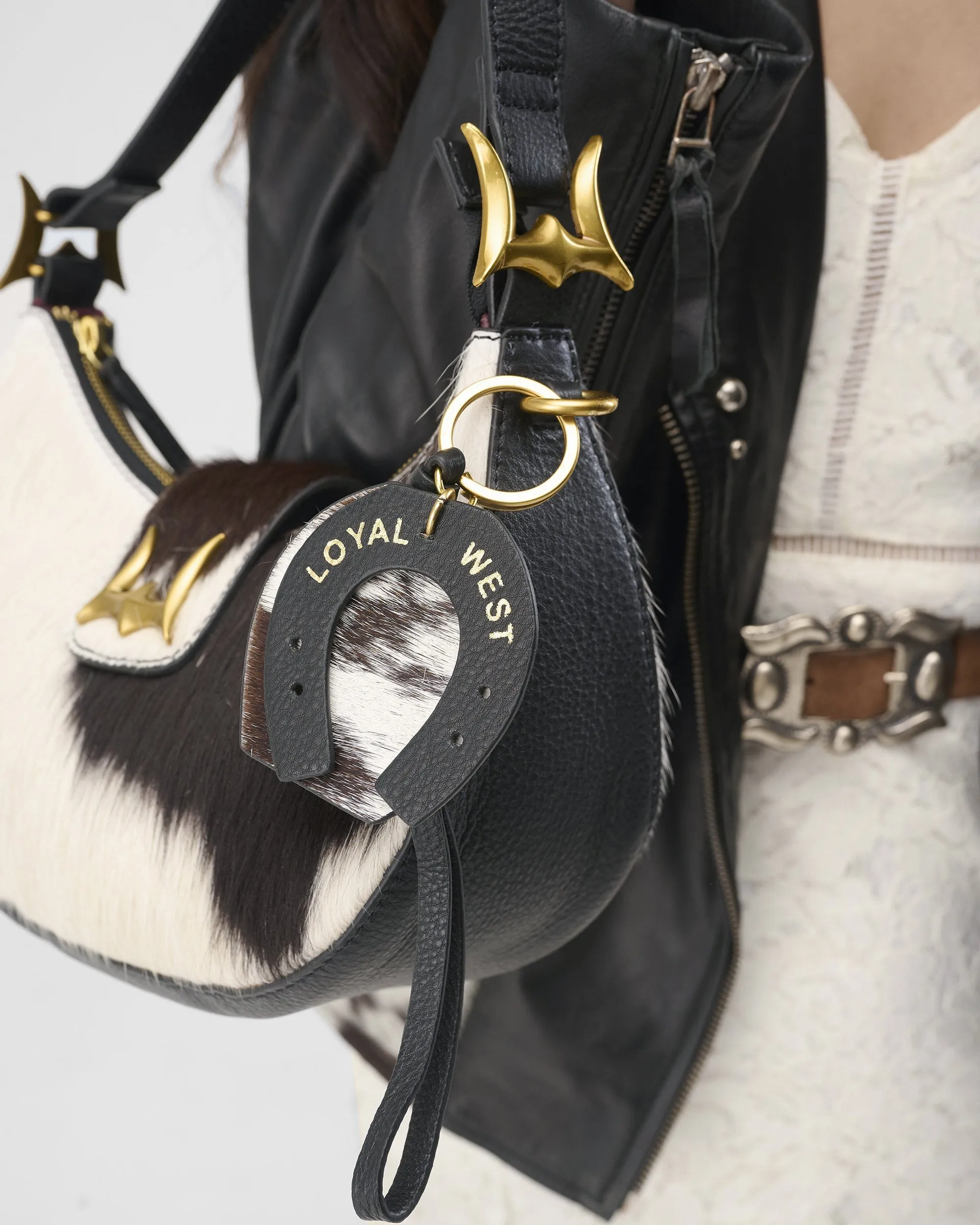 Loyal West Horse Shoe Bag Charm In Black & White Cowhide sold by Myra Bag product image thumbnail 2