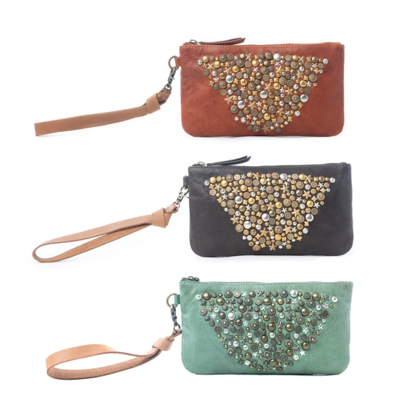 Nova Point Studded Wash Leather Pouch Variant Combo sold by Myra Bag