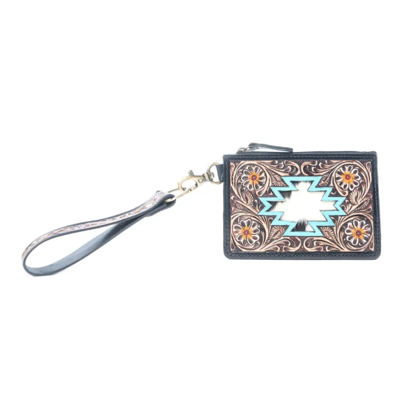 Navajo Sky Handtooled Hairon Leather Card Holder in Antique Brown sold by Myra Bag