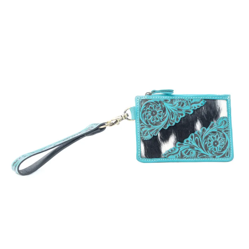 Sage River Handtooled Hairon Leather Card Holder in Frontier Aqua sold by Myra Bag
