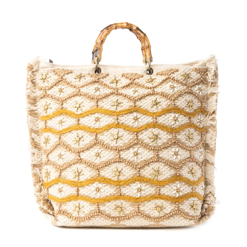 Solana Weave Hand Embroidered Weekender Bag in Sunlit Glow sold by Myra Bag
