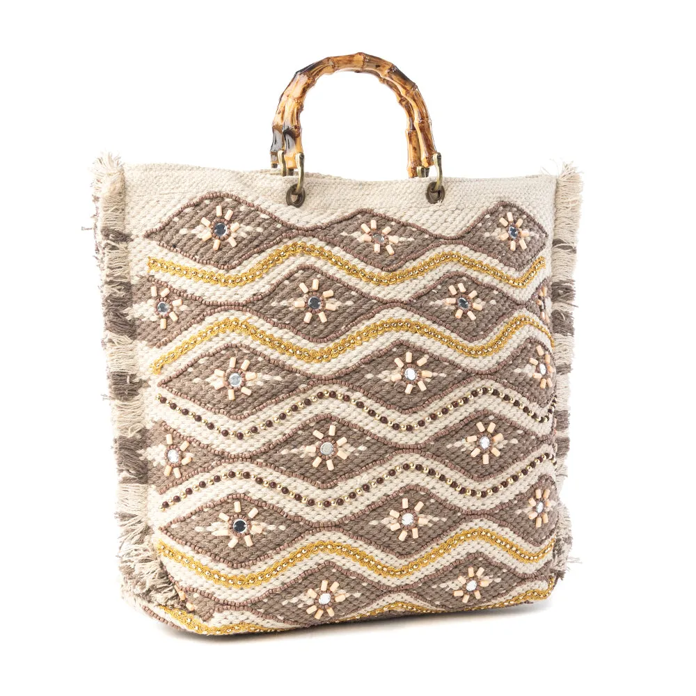 Harvest Dune Hand Embroidered Weekender Bag in Misty Taupe sold by Myra Bag product image thumbnail 2