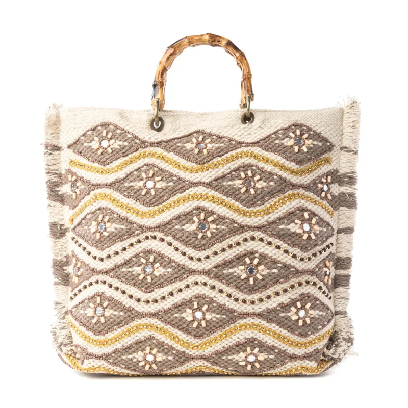 Harvest Dune Hand Embroidered Weekender Bag in Misty Taupe sold by Myra Bag