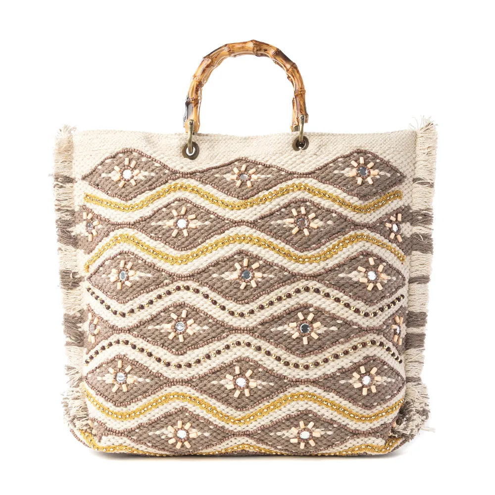 Harvest Dune Hand Embroidered Weekender Bag in Misty Taupe sold by Myra Bag