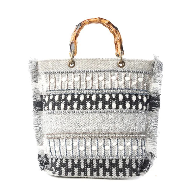 Tundra Trail Hand Embroidered Tote Bag in Silver Dune sold by Myra Bag