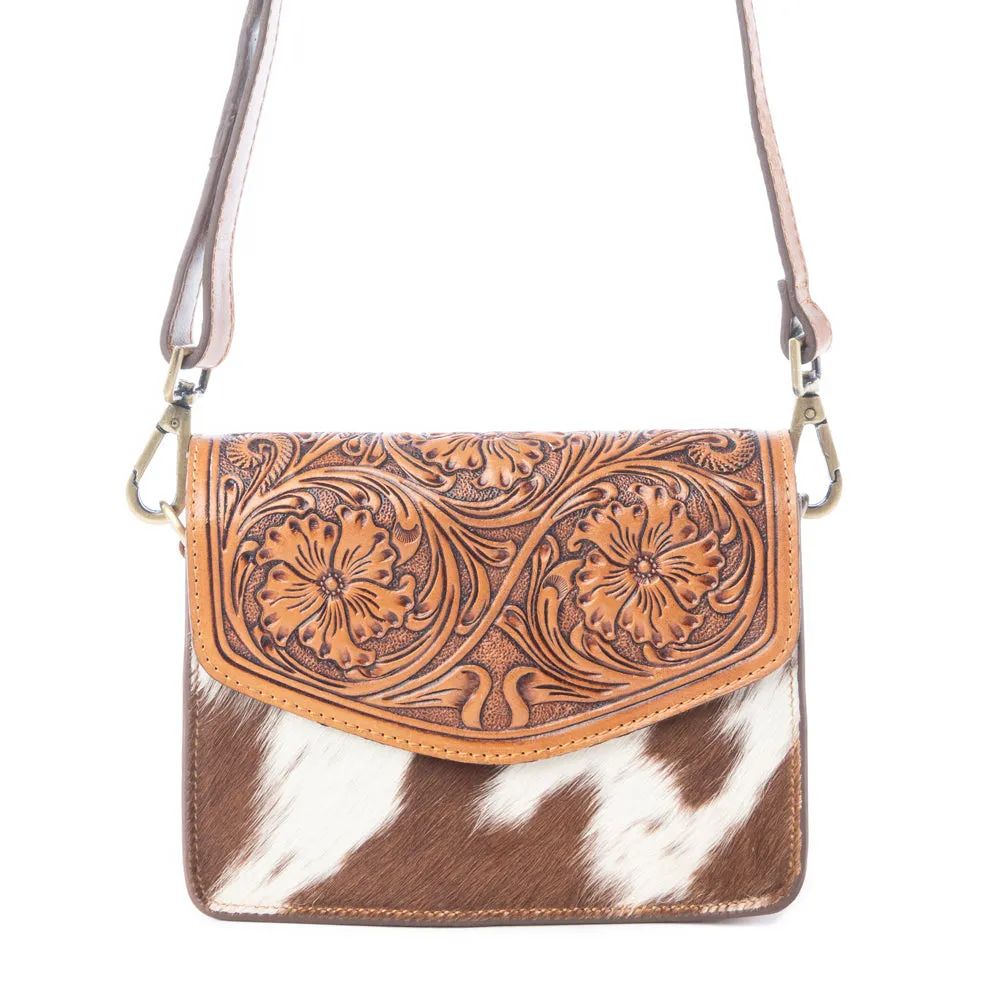 Bridle Blossom Handtooled Hairon Leather Bag in Amber Carve sold by Myra Bag