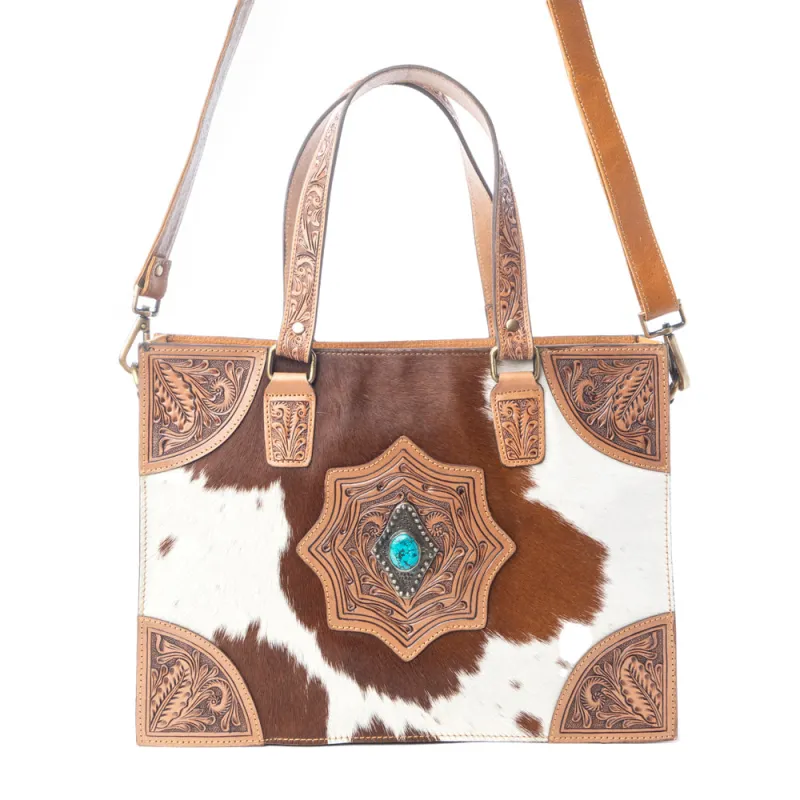Desert Jewel Handtooled Hairon Leather Concealed Carry Bag in Timber Brown sold by Myra Bag