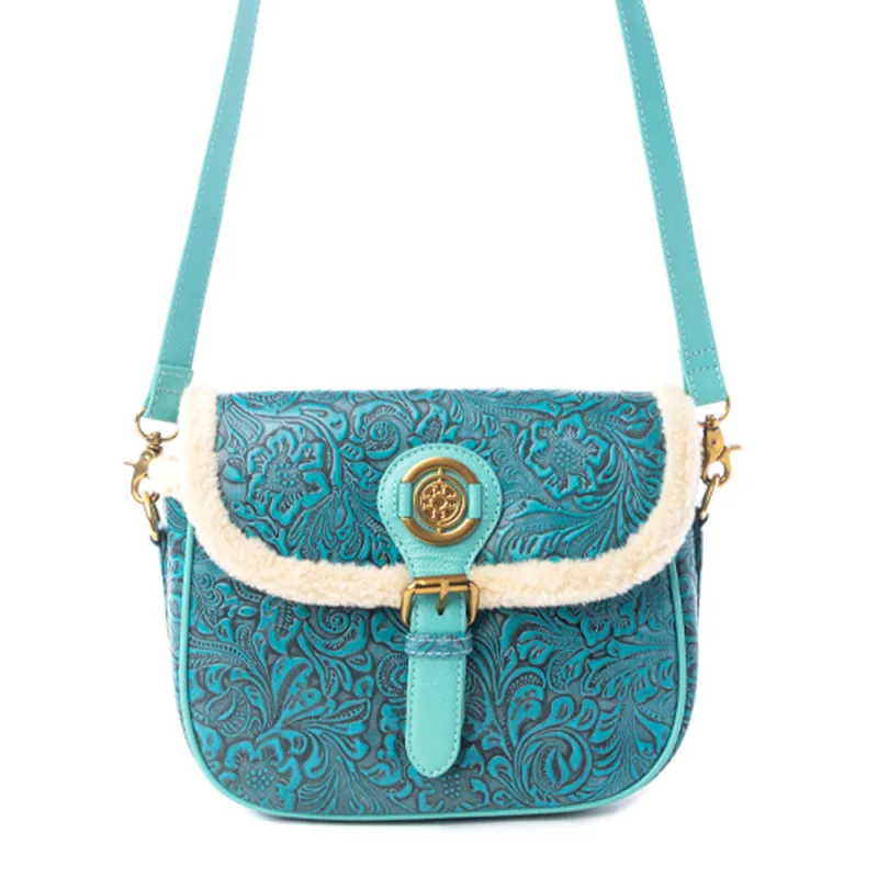 Turquesa Rose Embossed Leather Crossbody Bag with Fur Accent in Cactus Bloom sold by Myra Bag