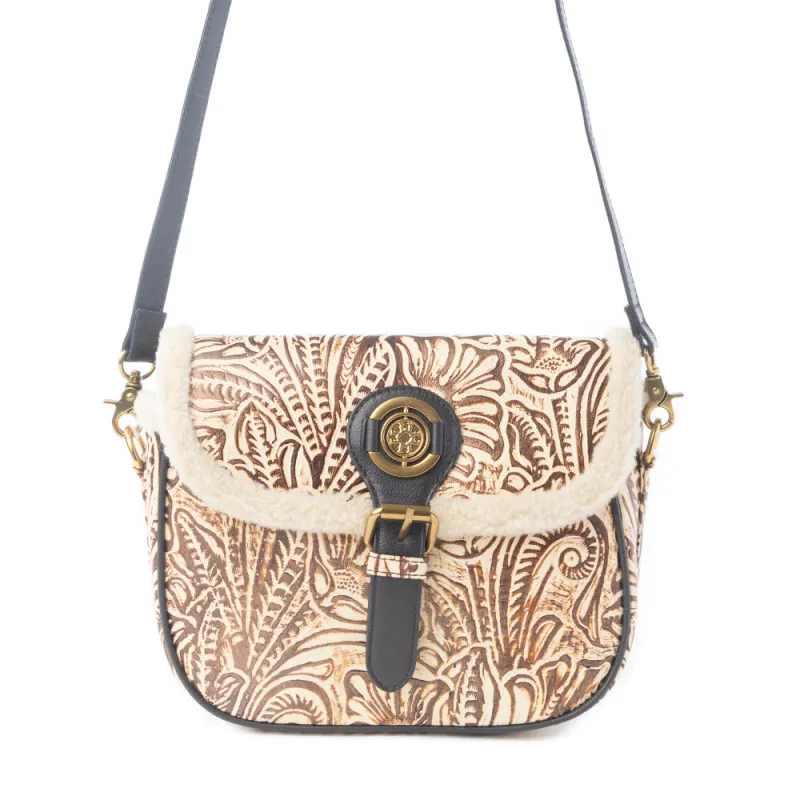 Raven & Dune Embossed Leather Crossbody Bag with Fur Accent in Winter Ivory sold by Myra Bag