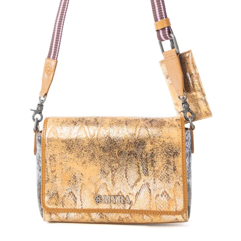 Serpentina Charm Leather Shoulder Bag in Amber Snake Print sold by Myra Bag