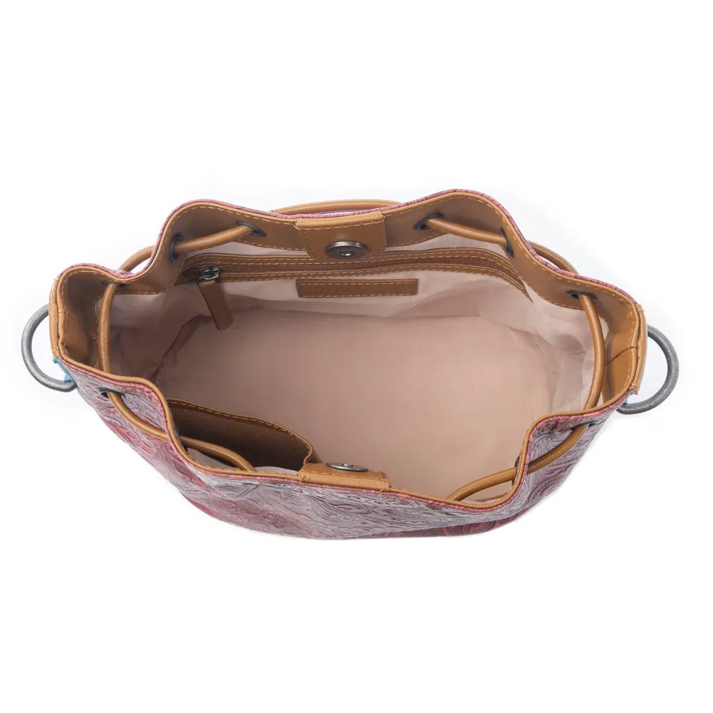 Emberlace Embossed Leather Bucket Bag in Berry Rouge sold by Myra Bag product image thumbnail 5