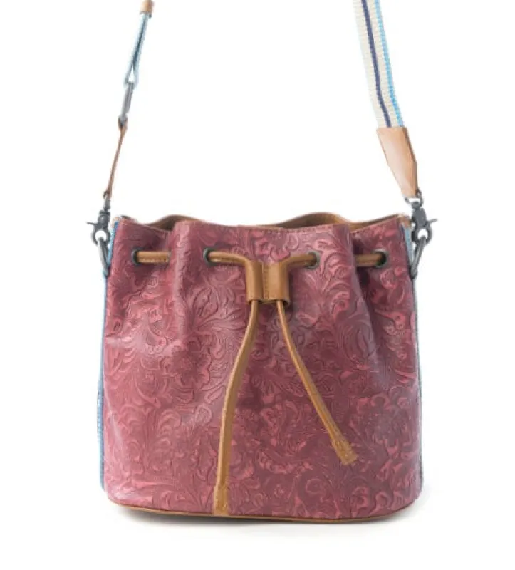 Emberlace Embossed Leather Bucket Bag in Berry Rouge sold by Myra Bag