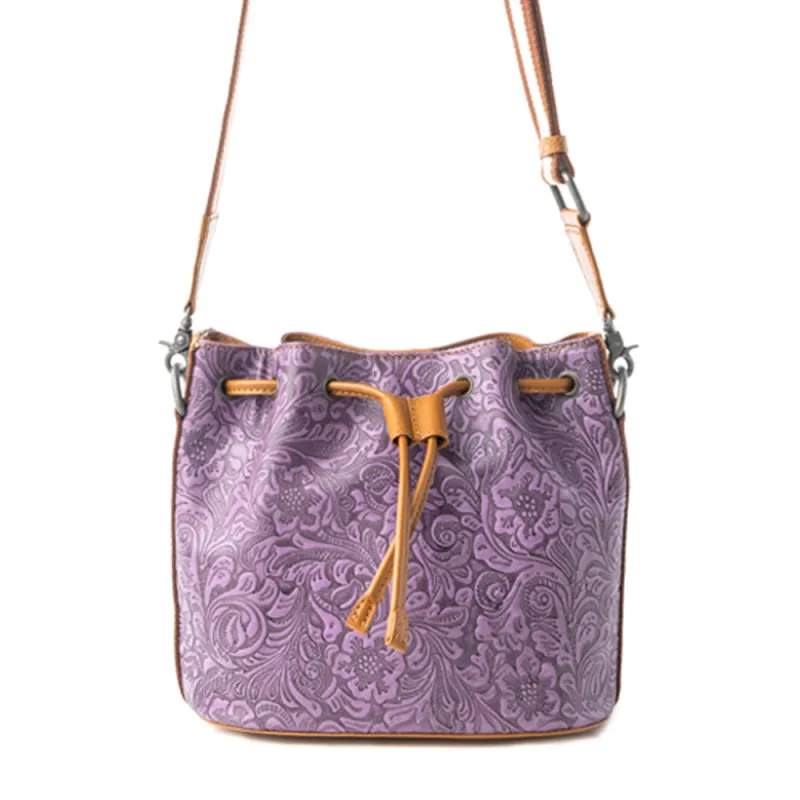 Amara Bloom Embossed Leather Bucket Bag in Mystic Lilac sold by Myra Bag