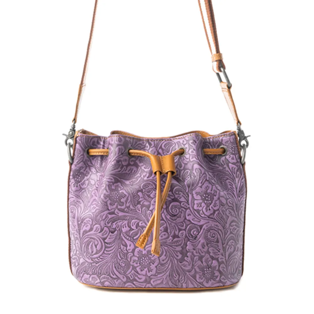 Amara Bloom Embossed Leather Bucket Bag in Mystic Lilac sold by Myra Bag