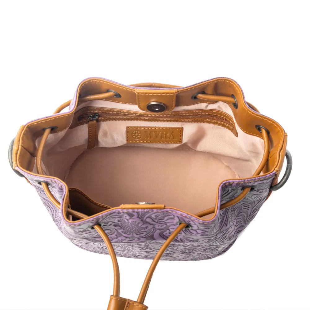 Amara Bloom Embossed Leather Bucket Bag in Mystic Lilac sold by Myra Bag product image thumbnail 5