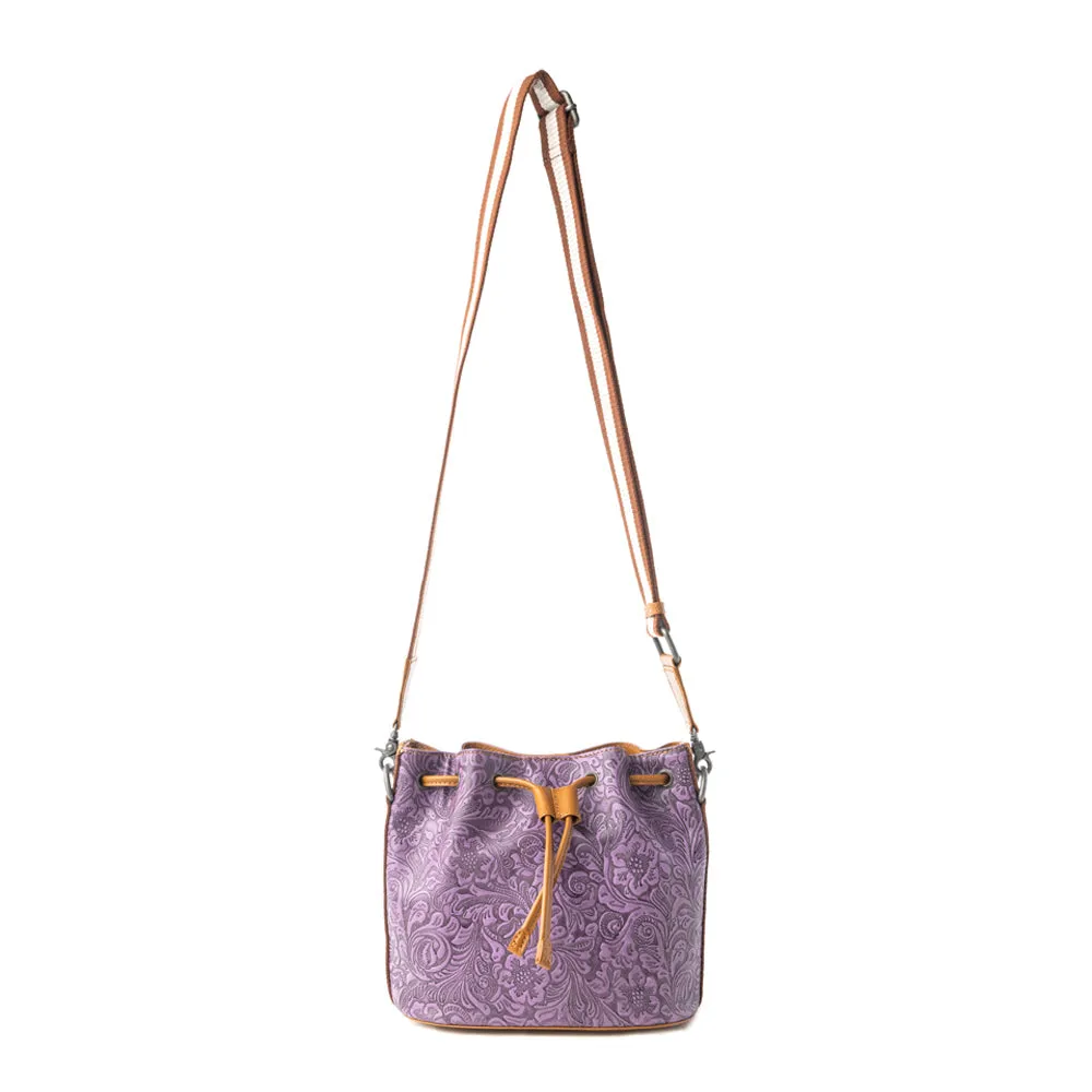 Amara Bloom Embossed Leather Bucket Bag in Mystic Lilac sold by Myra Bag product image thumbnail 4