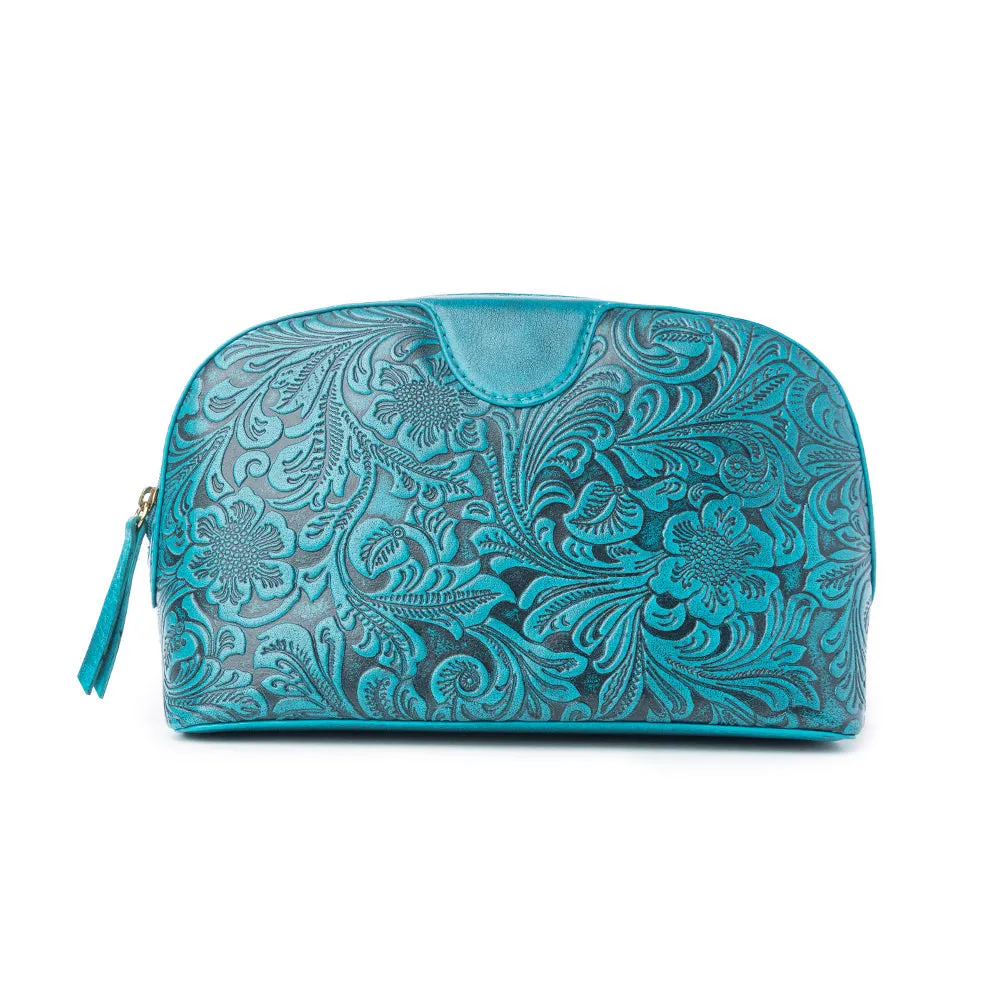 Helena Bloom Embossed Leather Multi-pouch in Sierra Blue sold by Myra Bag