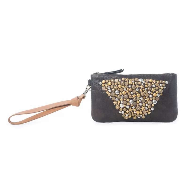 Gold Halo Studded Wash Leather Pouch in Antique Black sold by Myra Bag
