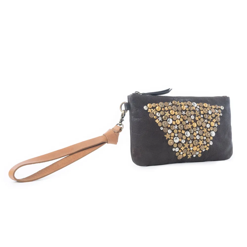 Gold Halo Studded Wash Leather Pouch in Antique Black sold by Myra Bag product image thumbnail 2