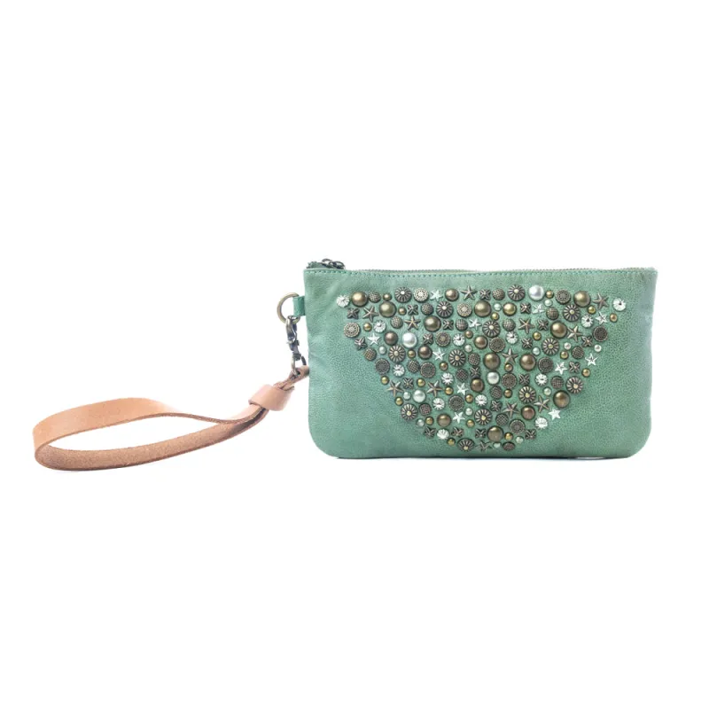 Empire Green Studded Wash Leather Pouch in Desert Olive sold by Myra Bag