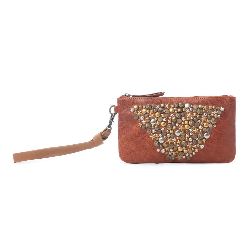 Nova Point Studded Wash Leather Pouch in Bronzed Amber sold by Myra Bag