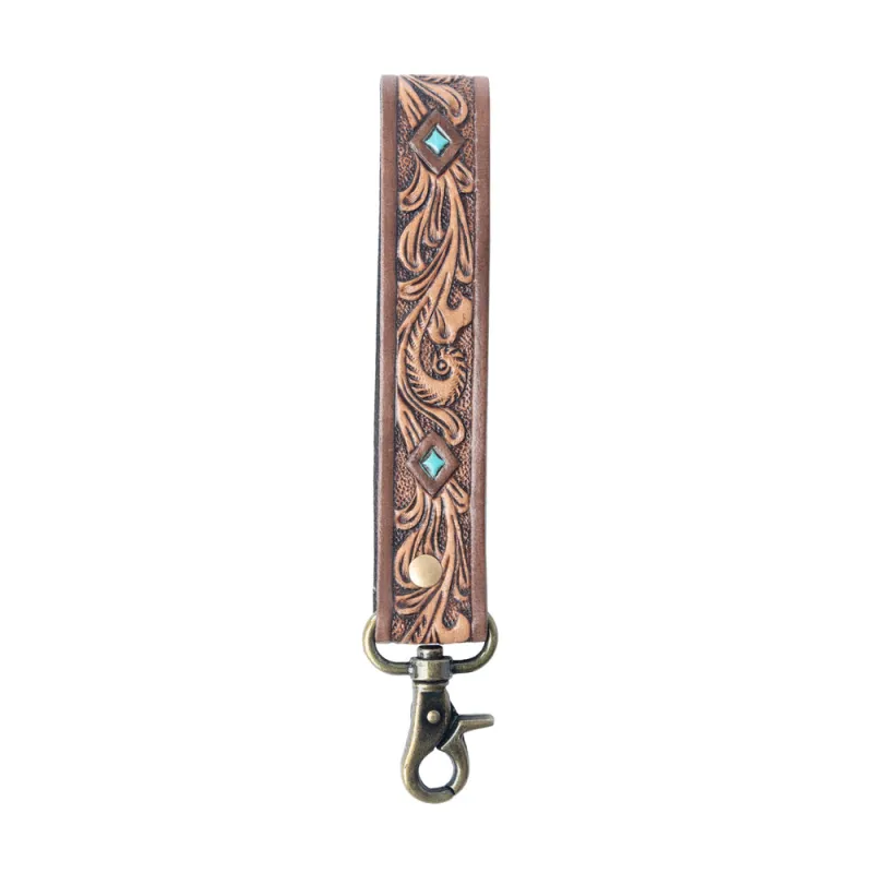 Spirit Stone Handtooled Leather Keyfob in Mahogany Brown sold by Myra Bag