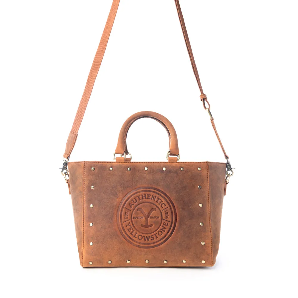 Yellowstone Valley Soul Studded & Embossed Tote Leather Bag in Amber sold by Myra Bag