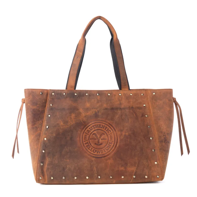 Yellowstone Legacy Studded Leather Tote in Amber sold by Myra Bag