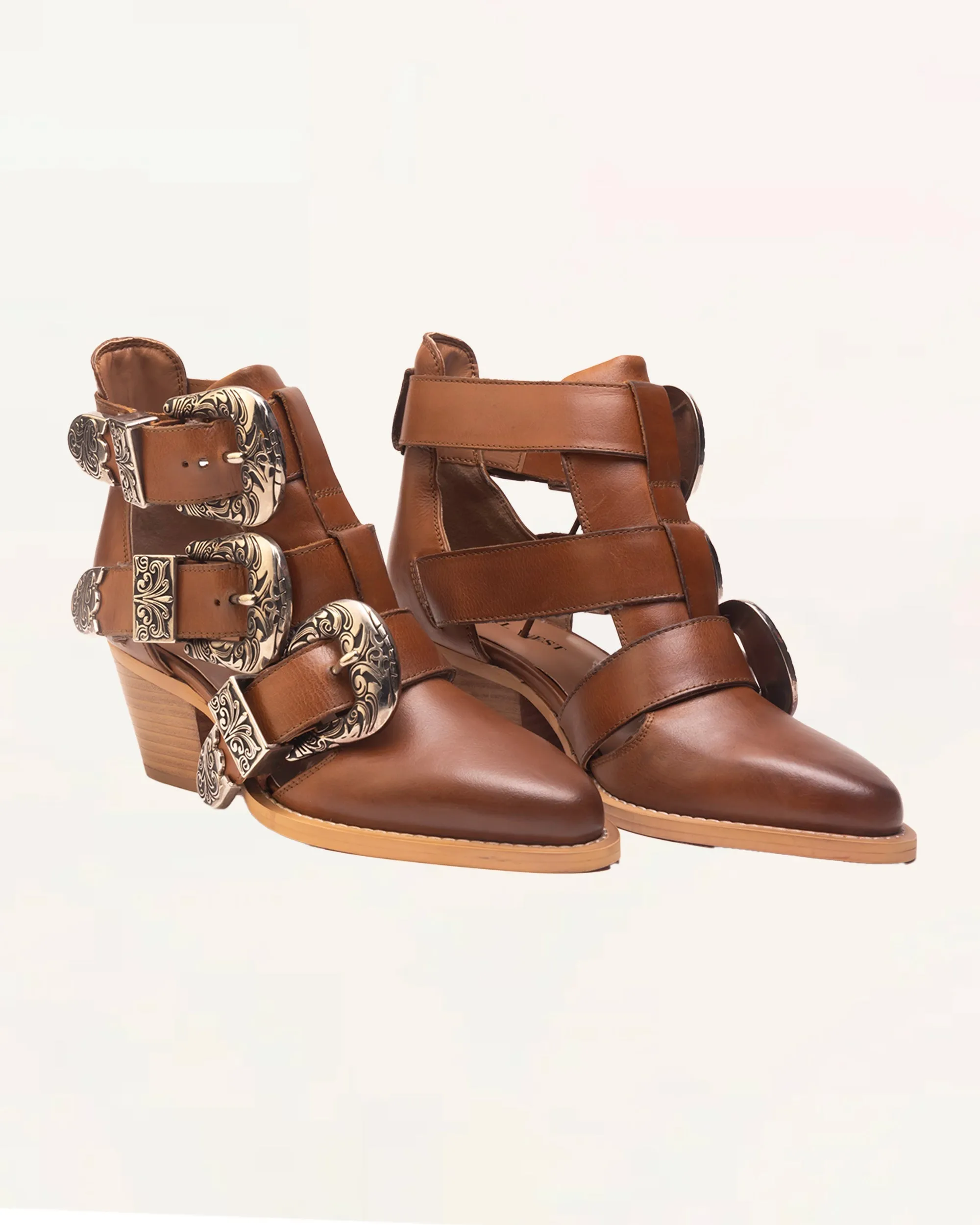 Rodeo Ankle Bootie In Calfskin - Bone & Saddle sold by Myra Bag
