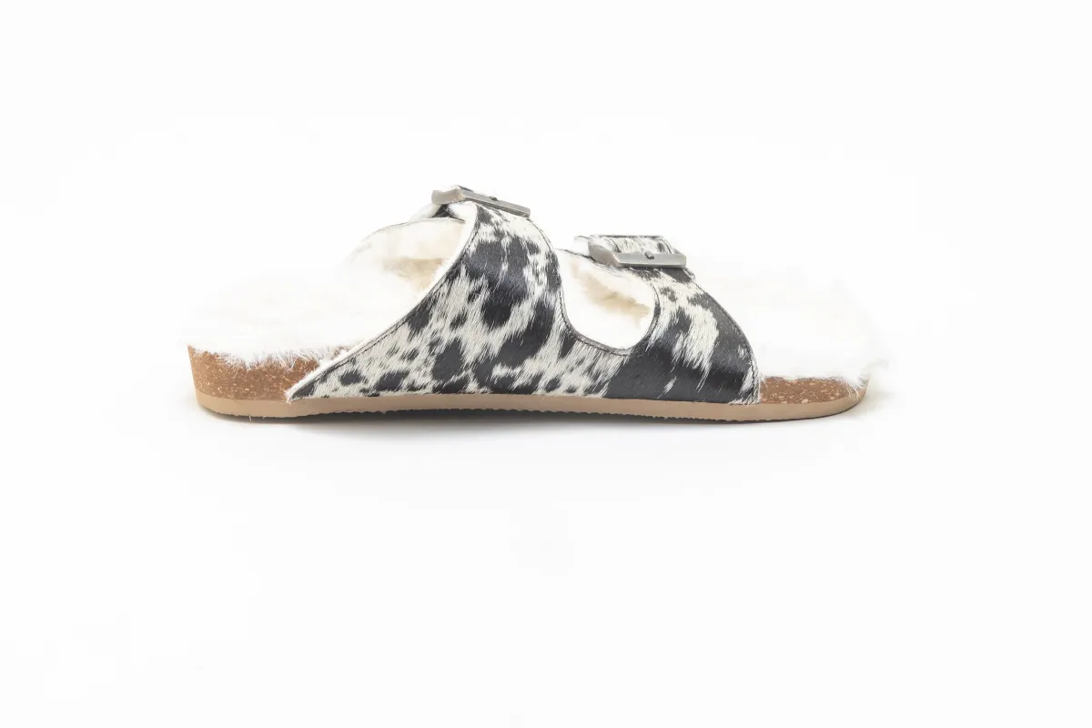 Prairie Winds Fur Comfort Hairon Leather Sandals In Black & White sold by Myra Bag