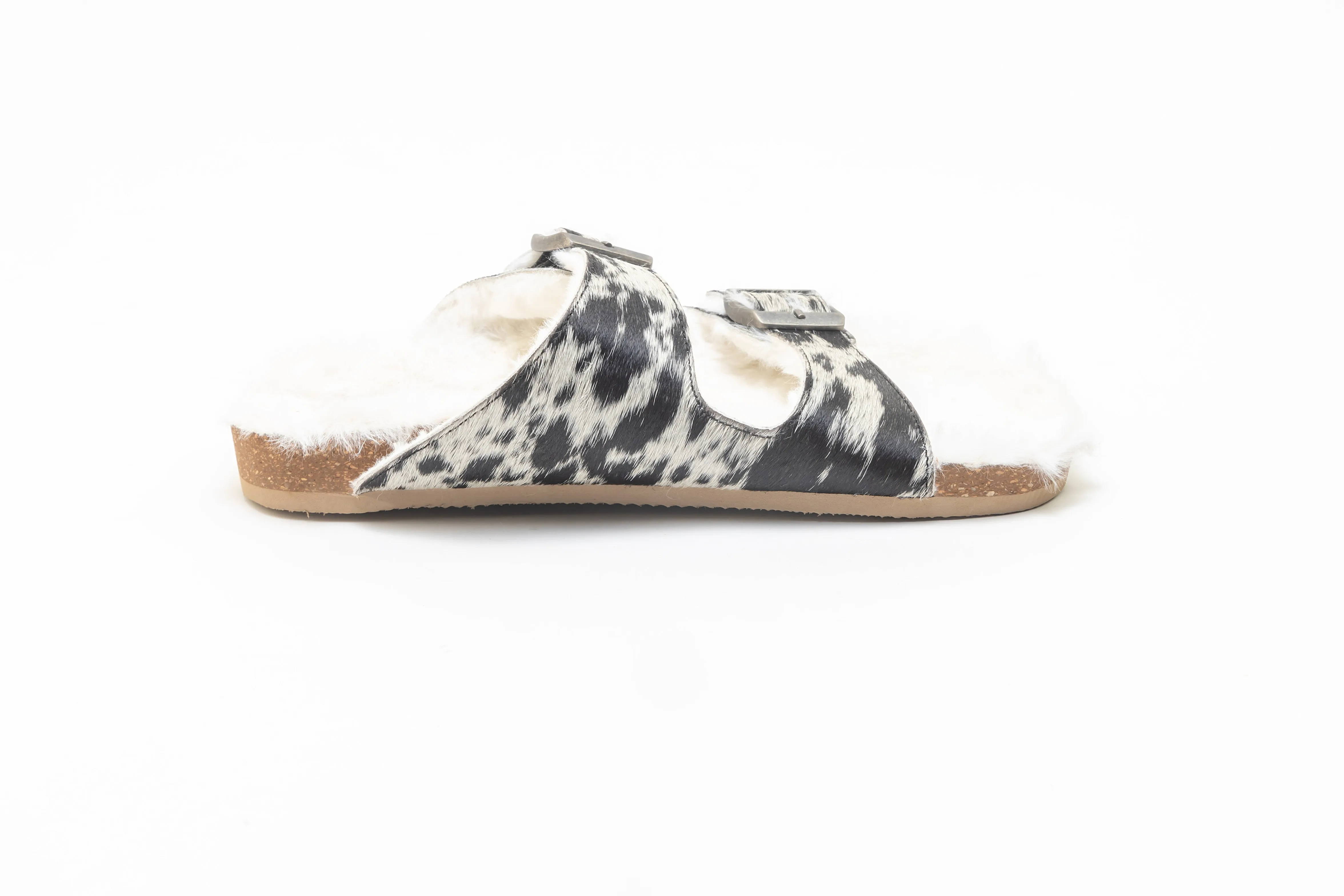 Prairie Winds Fur Comfort Hairon Leather Sandals In Black & White sold by Myra Bag