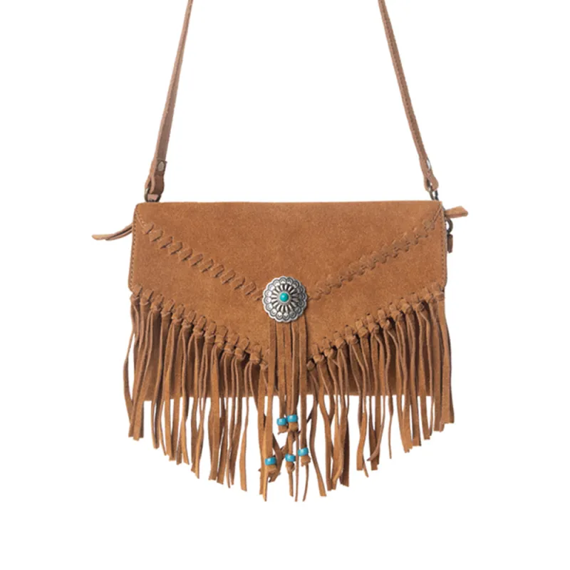 Myra Texas Mist Fringed Leather Bag in Rustwood with Concho Accent sold by Myra Bag