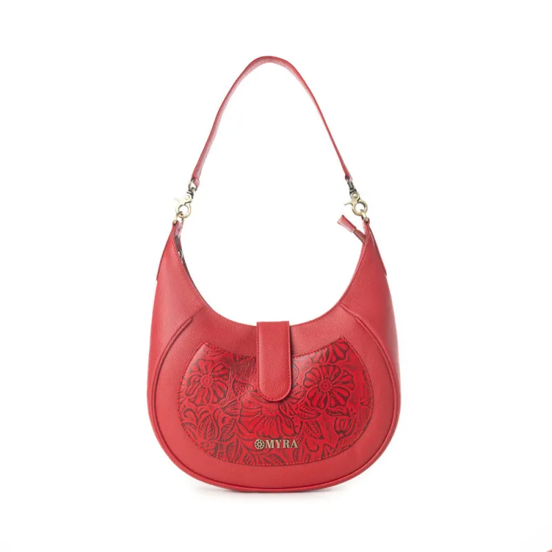 Myra Alanna Embossed Leather Bag in Wild Cherry made by Myra Bag