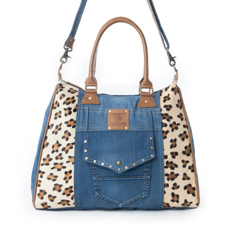 Myra Canyon Crest Tote Bag in Leopard Denim sold by Myra Bag