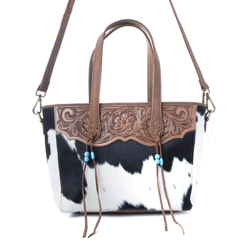 Myra Saddle Crestfall Handtooled Bag in Cowhide Frost made by Myra Bag