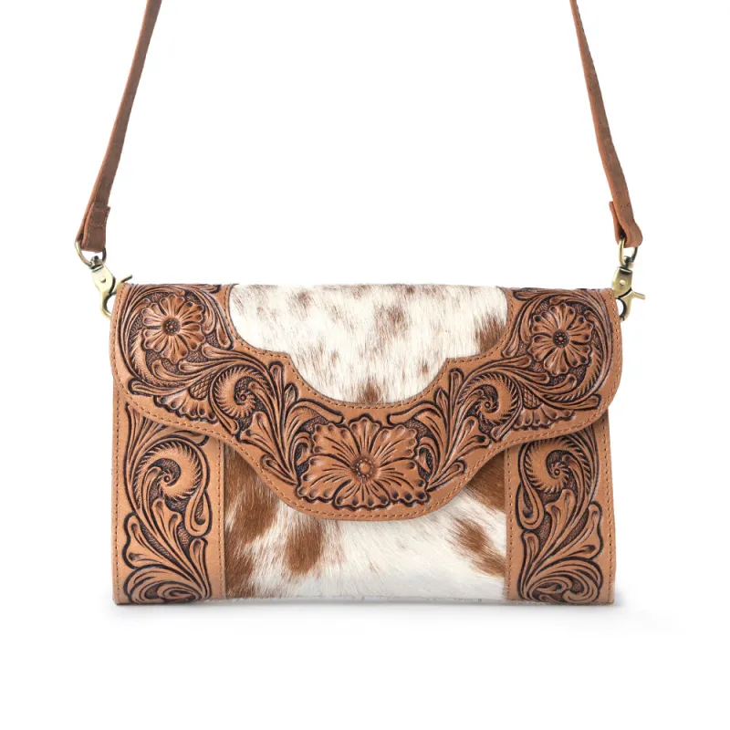 Myra Vinebloom Carve Handtooled Bag in Sienna Frost sold by Myra Bag