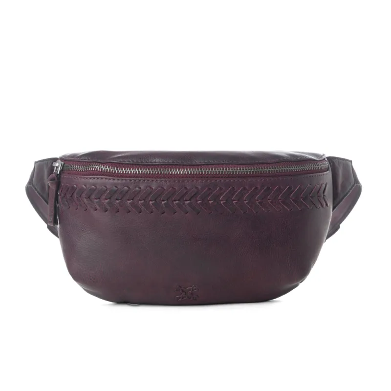Myra Zidana Amarillo Handstitched Veg Tanned Leather Fanny Pack in Wildrose Plum sold by Myra Bag