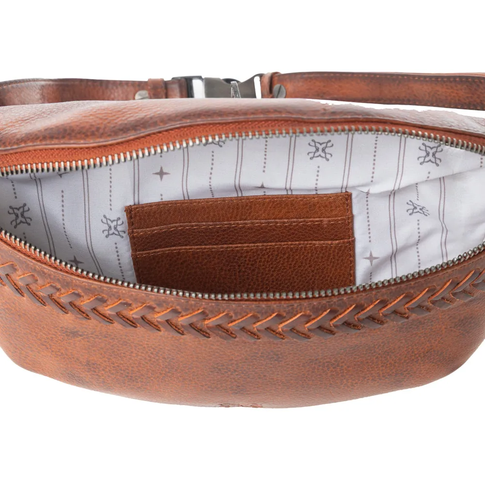 Myra Zidana Amarillo Handstitched Veg Tanned Leather Fanny Pack in Crimson Storm sold by Myra Bag product image thumbnail 4