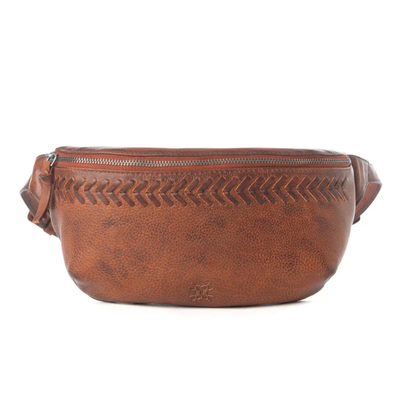 Myra Zidana Amarillo Handstitched Veg Tanned Leather Fanny Pack in Crimson Storm sold by Myra Bag