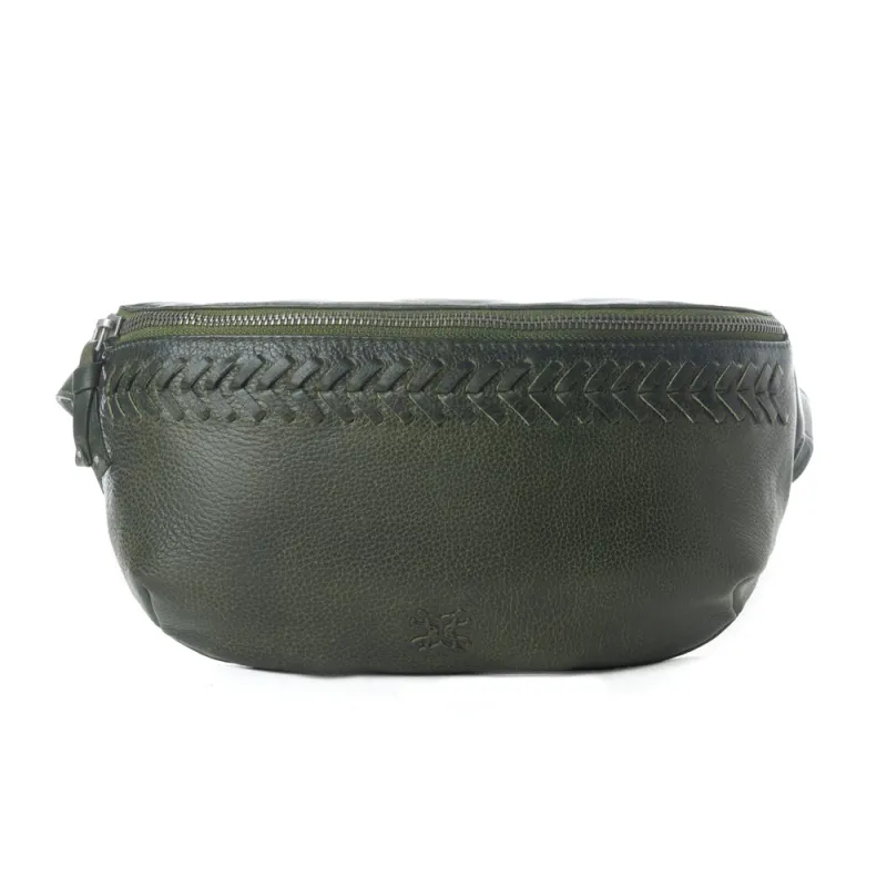 Myra Zidana Amarillo Handstitched Veg Tanned Leather Fanny Pack in Saddle Moss sold by Myra Bag