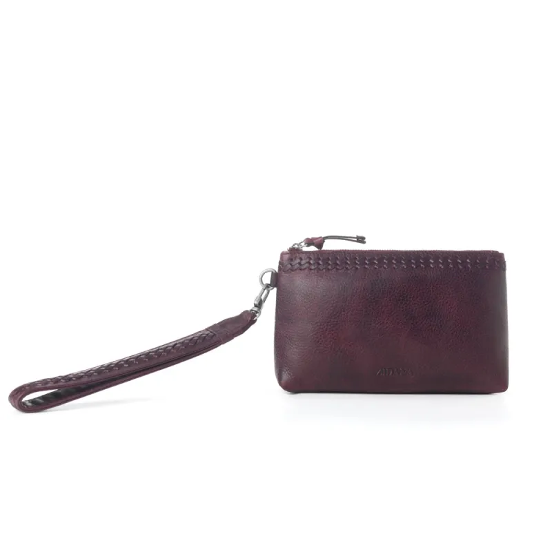 Myra Zidana Ethel Mini Veg Tanned Leather Wristlet in Rosa Maroon made by Myra Bag