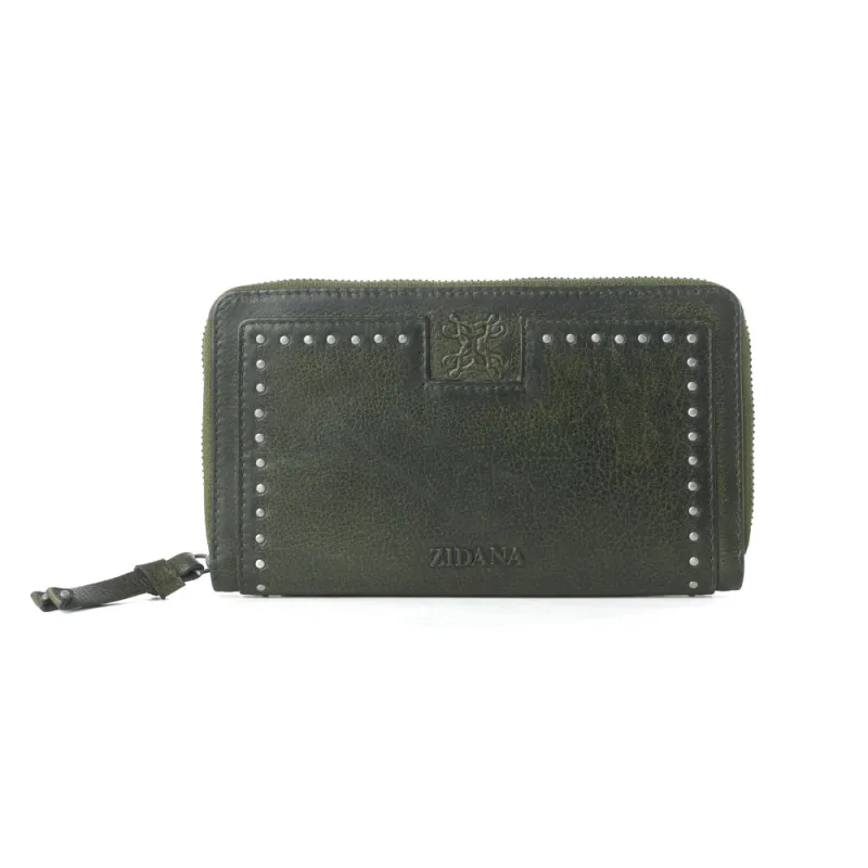 Myra Zidana Astra Studded Veg Tanned Leather Wallet in Velvet Moss sold by Myra Bag