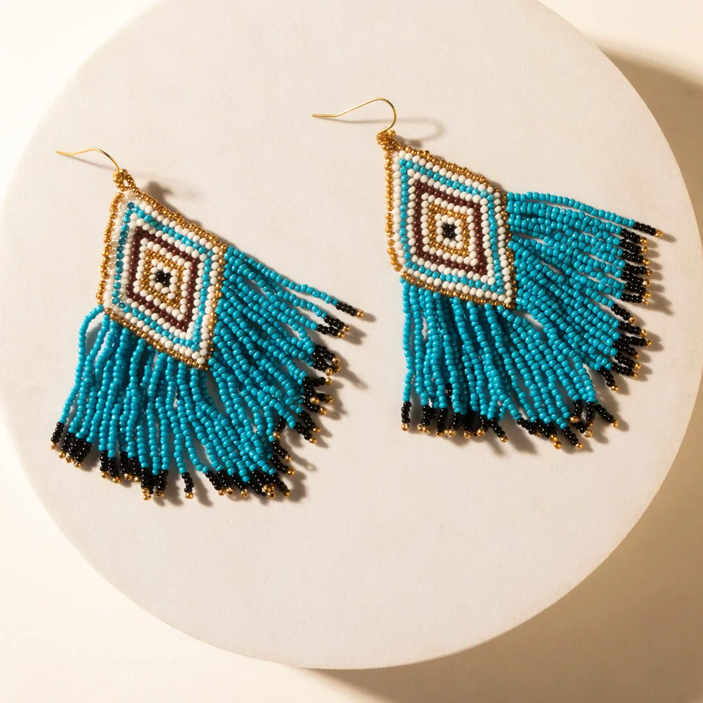 Bluebonnet Range Beaded Fringe Earrings in Halo Blue sold by Myra Bag