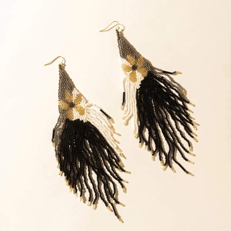 Moonlit Sage Beaded Fringe Earrings in Midnight Coal made by Myra Bag