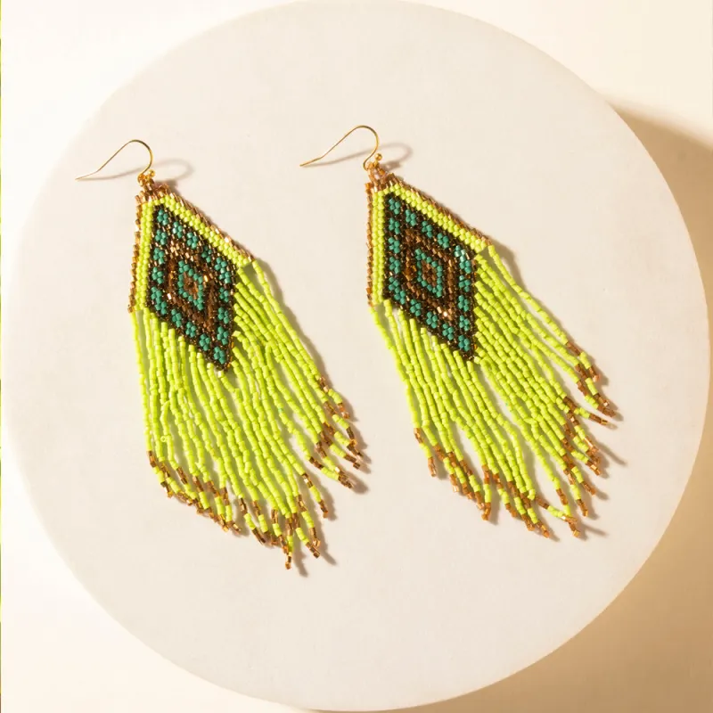 Desert Neon Beaded Fringe Earrings in Glow Green sold by Myra Bag