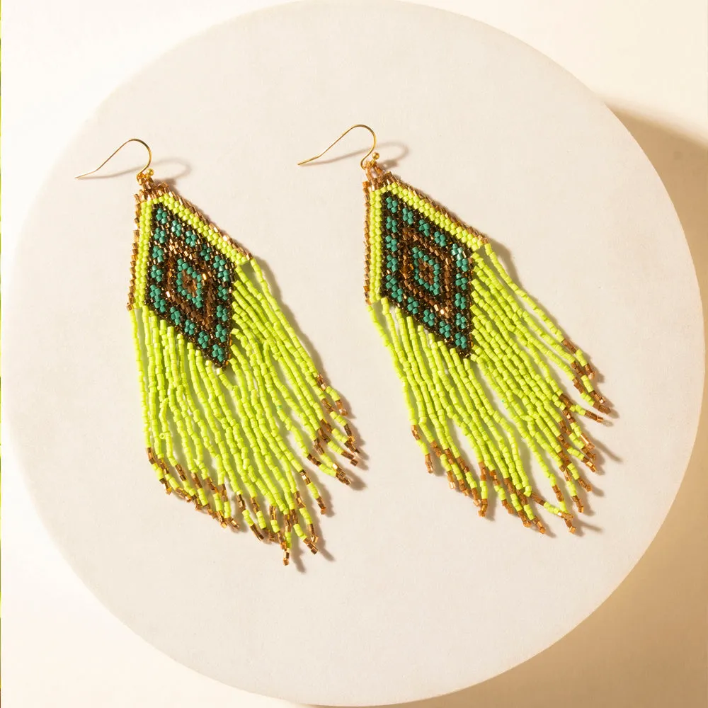 Desert Neon Beaded Fringe Earrings in Glow Green sold by Myra Bag