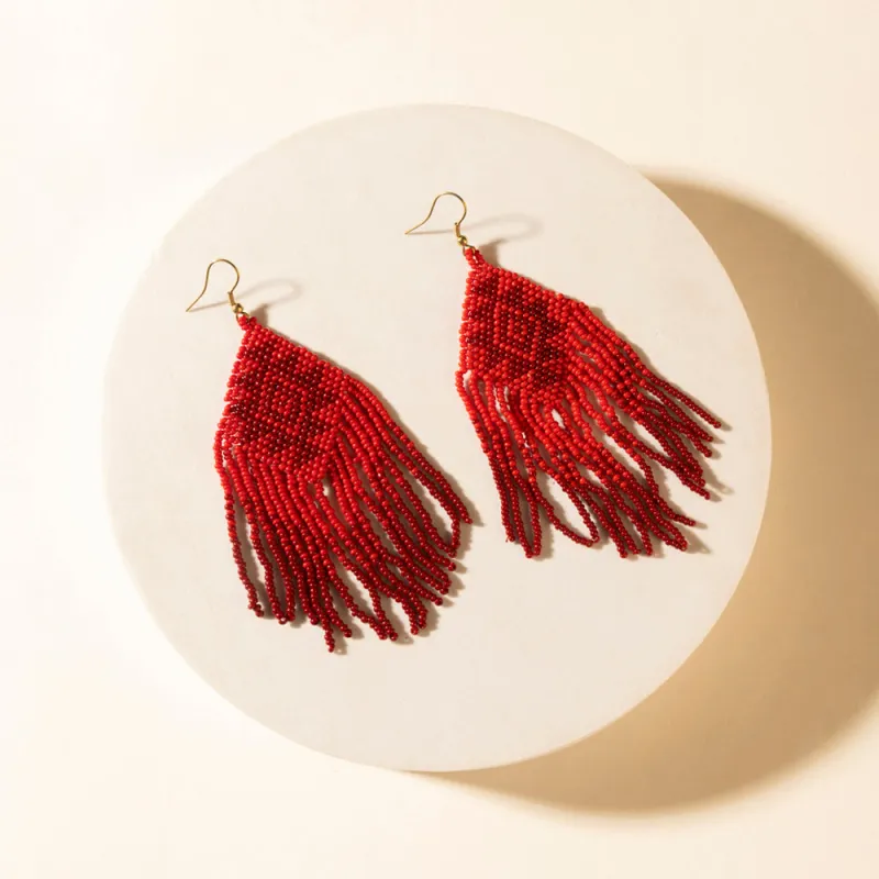 Wild Blaze Beaded Fringe Earrings in Ember Red sold by Myra Bag